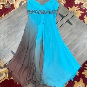 Sue Wong turquoise and brown beaded dress